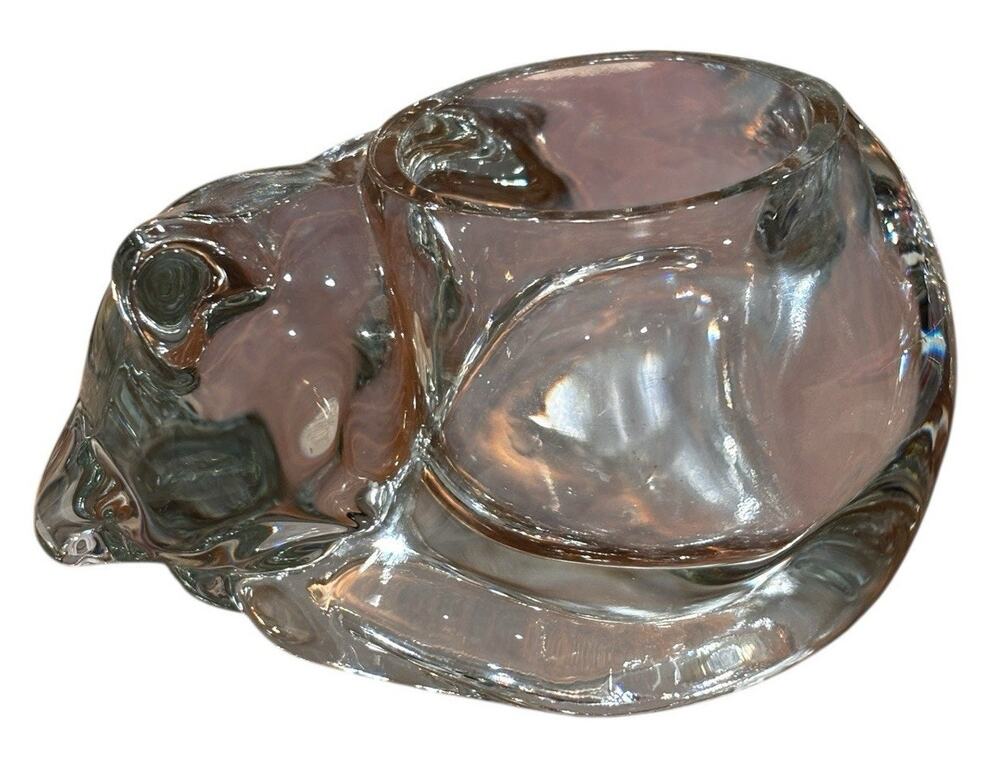 Vintage Indiana Glass Crystal Clear Sleeping Cat Votive Candle Tea Light Holder